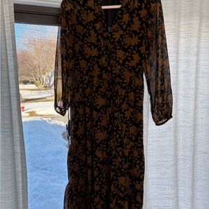 Ann Taylor Black and Brown Floral Long-Sleeve Midi Dress